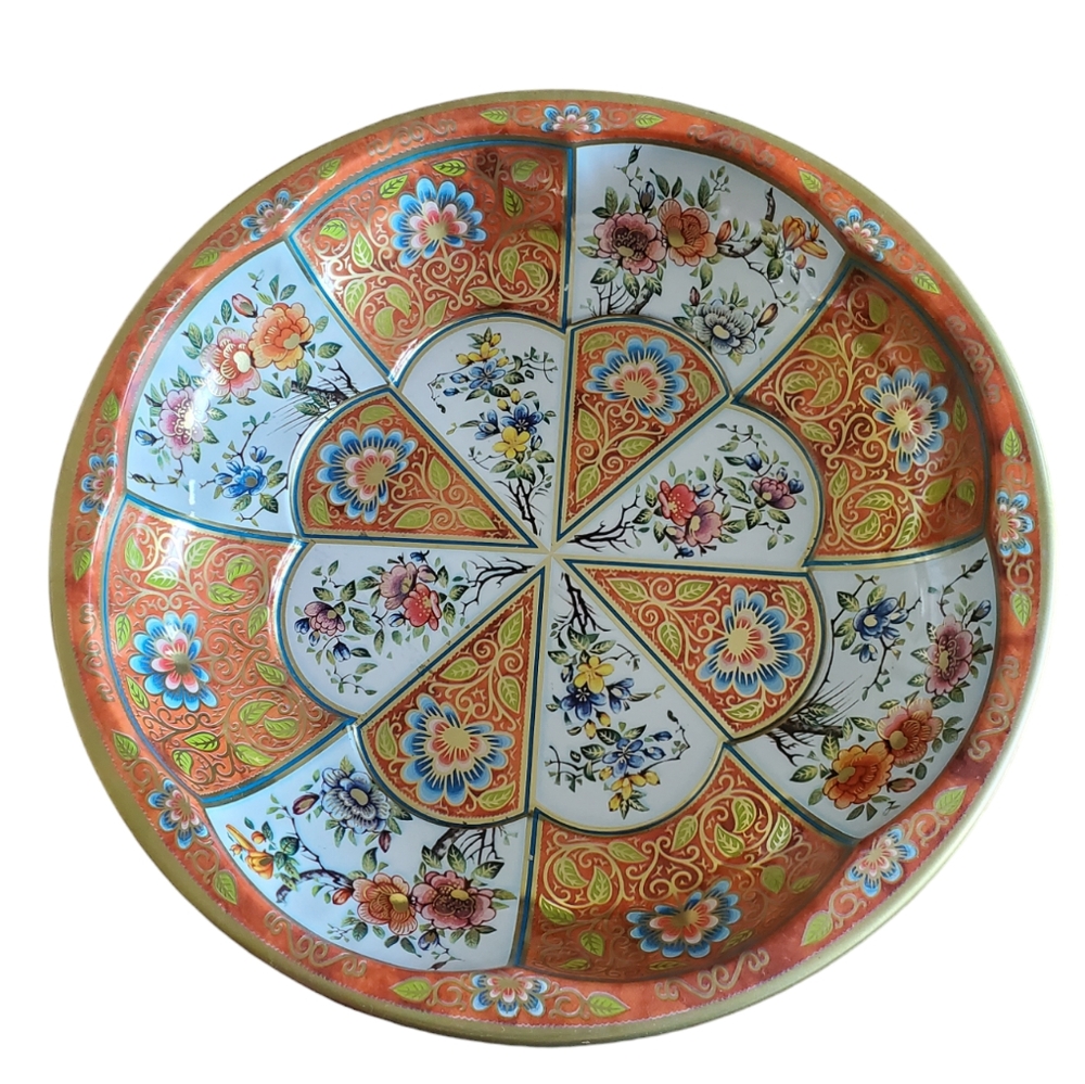 Daher Decorated Ware 1971 Tin Bowl Floral Orange Blue White Made In England